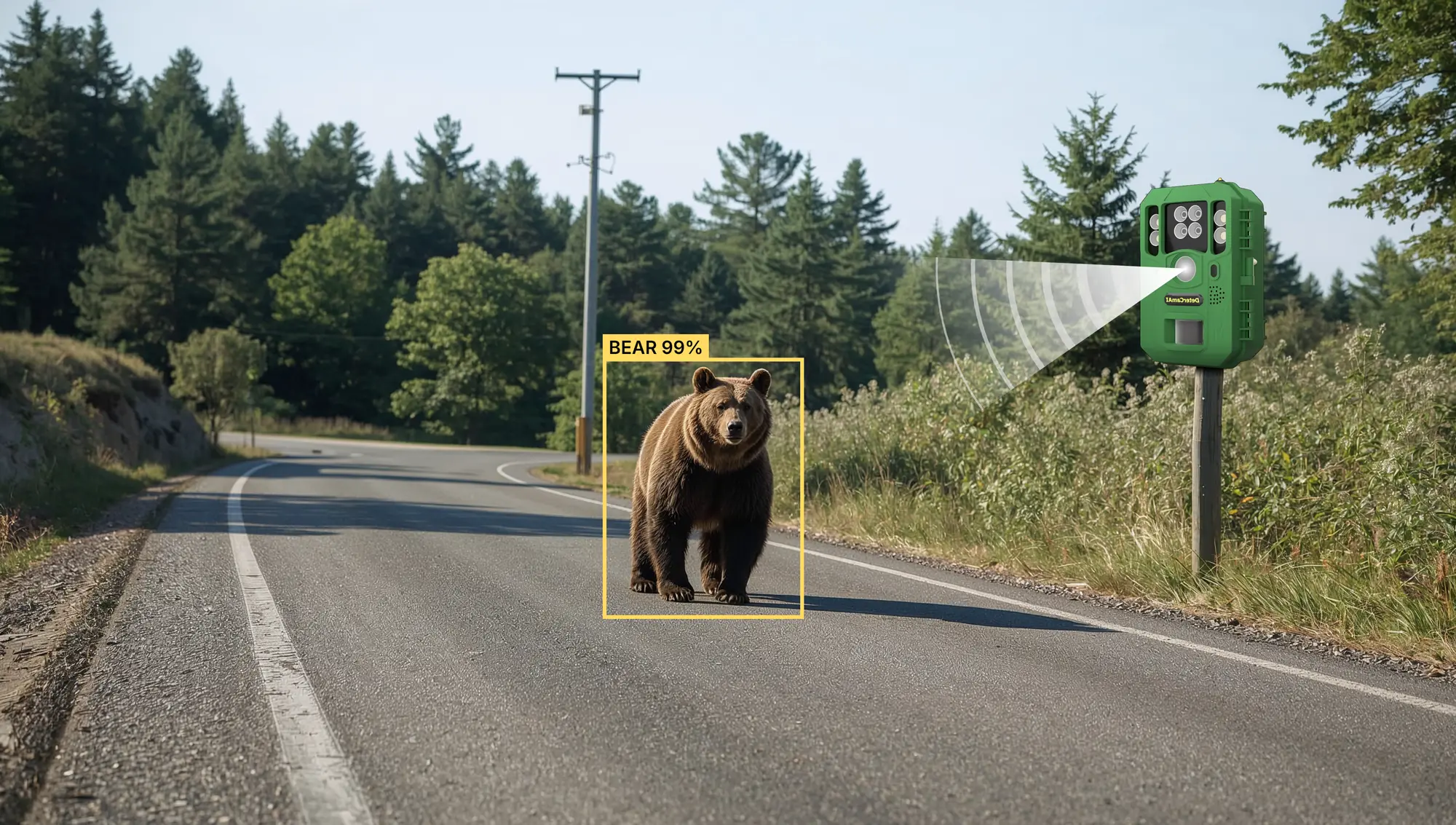 AI bear deterrent detection system monitoring forest perimeter